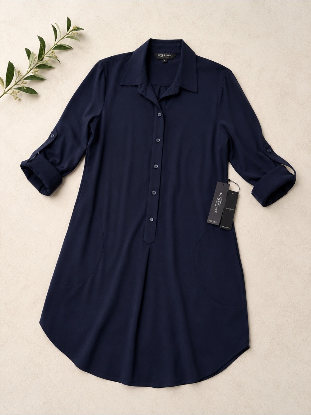 Liverpool Navy Button-Front Midi Shirt Dress